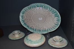 An Art Deco Wedgwood dressing table set, comprising trinket box, tray and two candlesticks, having