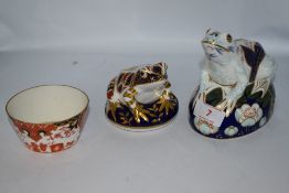 A Royal Crown Derby frog money box, a similar frog (unmarked) and a Royal Crown Derby bowl in the