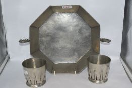 A stylised white metal tray having scroll handles and two tumblers, marked to underside with Pedraza