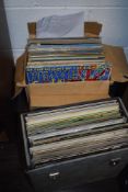 A box and a record case of mixed vinyl, including Bruce Springsteen, Blondie, Dire Straits and