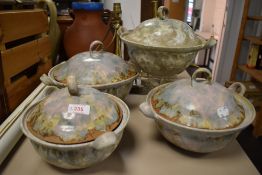 Four studio pottery tureens having naturalistic drip glazes, unsure of the maker but marked R. All