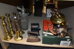 A selection of metalware etc including vintage soda syphon, arts and crafts plated spirit kettle (no