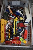 A box of playworn diecasts including Corgi, Dinky, Lesney etc