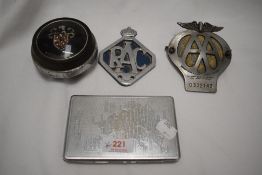 A selection of vintage motor related items, to include an AA membership badge No 0332145, and RAC