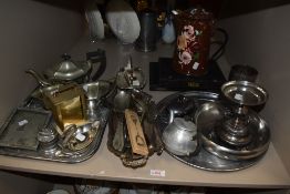 A mixed lot of flatware, a painted enamel tea pot, trays, cutlery and similar.