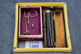 A small selection of gold and yellow metal including a malachite set ring stamped 14K, a cased