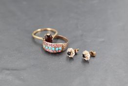 A 9ct gold and red stone ring, marked 9ct, ring size Q, sold along with a 9ct gold turquoise and