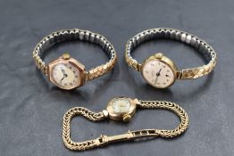 Three ladies vintage 9ct gold wrist watches on later plated stretch straps