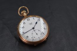 A gold plated top wound pocket watch by Limit having Arabic numeral dial with subsidiary seconds