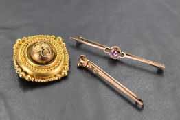 Three vintage yellow metal bar and circular brooches, including stamped 9ct, approx 11.4g