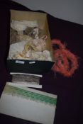 A box of antique lace and trimmings, including embroidered edging, metallic thread, beaded