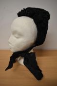 A Victorian wired bonnet, having sequin and feather detailing, also included are two lengths of