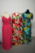 Three 1960s and 70s maxi dresses, including heavy polished cotton dress with blue, olive and green
