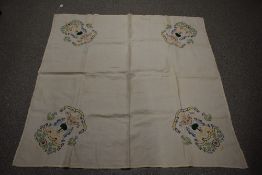 An embroidered tablecloth, of interest to the Glasgow Empire Exhibition of 1938.