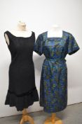 A 1960s Philip Kunick day dress having vibrant yellow, green and brown pattern on blue ground,