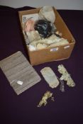 A box of antique lace and trimmings, including embroidered edging, metallic thread, tassels and