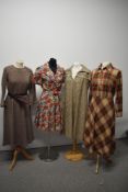 Four 1960s and 70s dresses, including bright floral handmade 1940s style dress with belt.