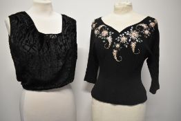 A 1930's Devore blouse in black and a 1950s beaded and sequinned tailored black top having wide