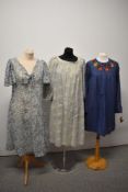Two handmade 1970s dresses of Laura Ashley fabric and a smock dress with floral embroidery to