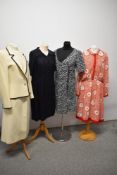 An assortment of ladies clothing, predominantly 1970s, including cream wool Mansfield skirt suit.