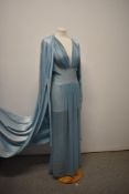 A Decedent 1930s Art Deco powder blue crepe georgette sheer nightdress with matching satin backed