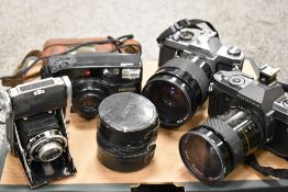 Four vintage Cameras including Pentax P30, MX and a Zoom 90 with two Vivitar lens.
