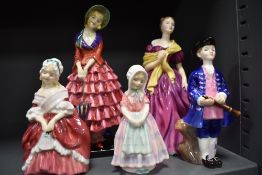 Five Royal Doulton figurine studies including Peggy HN2038, Tootles HN1680, Priscilla HN1340,
