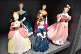 Four Royal Doulton figurines including Janine HN2461, Camellia HN2222, Adrienne HN1963, Cherie