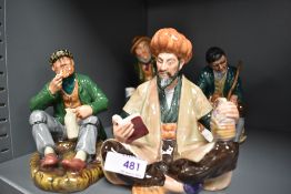 Four Royal Doulton figure studies including Wayfairer HN2362, Owd Willum HN2042, Omar Khayyam HN2247