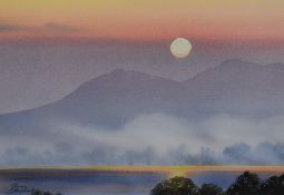 Jim Ridout (local b.1946) watercolours, entitled 'Sunset over Derwentwater' signed lower left,