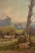 Robert Farren (1832-1912) oil on canvas, serene pastoral scene with sheep and lambs, signed and