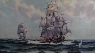 A 20th century colour print, depicting a maritime battle scene, facsimile signature lower right,