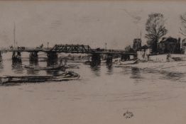 After J A M Whistler (1834-1903) a print depicting Chelsea, 14 x 20cm, mounted framed and glazed, 25