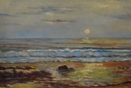 A 20th century Spanish oil on canvas, coastal scene at sunset, signed 'Rey' lower left, bearing V.
