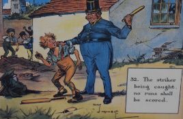After Charles Crombie (1880-1967) a set of four colour cricket themed cartoons, each mounted