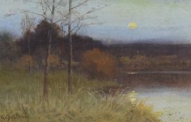 G Oyston, (20th century), a watercolour, moonlit lake, signed, 10 x 14cm, later mounted framed and