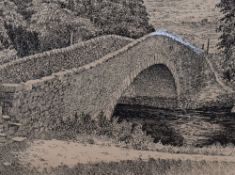 Alfred Wainwright (British 1901-1991) pen and ink sketch, entitled 'Packhorse Bridge', Stainforth'