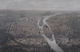 Two 19th/20th century prints, depicting an aerial view of Paris, 23 x 38cm, later mounted framed and