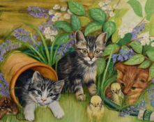 A 20th century oil on board, entitled 'Spring Awakening' depicting three slightly sinister kittens