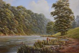 James Horne (British contemporary) oil on canvas, figures fishing from reed beds on abroad stretch