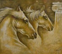 R Kingman (20th century) oil on canvas laid down on board, Greek horse montage with ionic column,