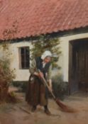 A 19th/20th century well executed oil on canvas, laid down on board, depicting a lady sweeping in