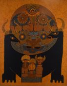 A large framed Indonesian Batik, entitled 'Two Cows' verso, symbolic motifs throughout using