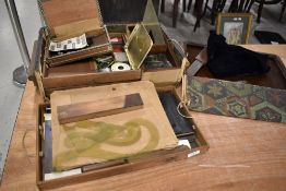 A vintage artist/designers box, with contents including art materials, stencils etc