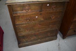 A Victorian ash bedroom chest of two over three drawers having copper Arts and Crafts handles
