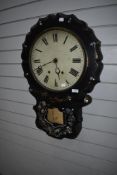 A Victorian ebonised wall clock having painted and mother of pearl inlay decoration , with painted
