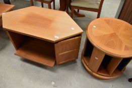 A Nathan teak TV unit and similar revolving CD table having circular top
