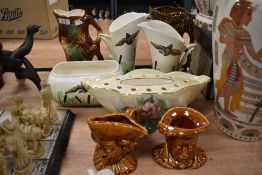 Two Art Deco vases and a planter, having moulded design depicting ducks and bull rushes, two