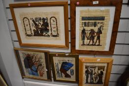 Five Eygyptian scenes painted on Papyrus, with extensive gilt detailing, some signed, indistinctly.