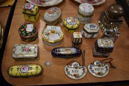 A variety of ceramic trinket boxes having floral designs, two crown Staffordshire decanter labels